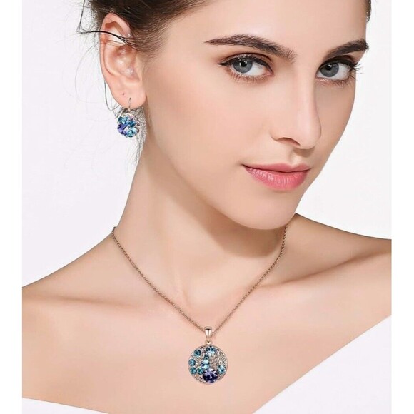 EVEVIC Austrian Crystal Round Disc Pendant Necklace Earring Set New - Picture 4 of 10